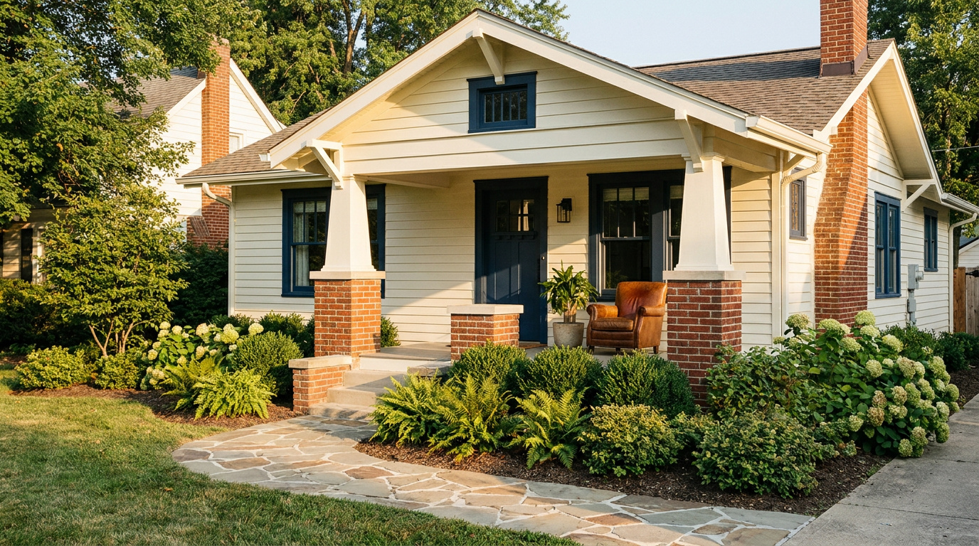 Freshly renewed cream and navy Craftsman home with welcoming landscaping
