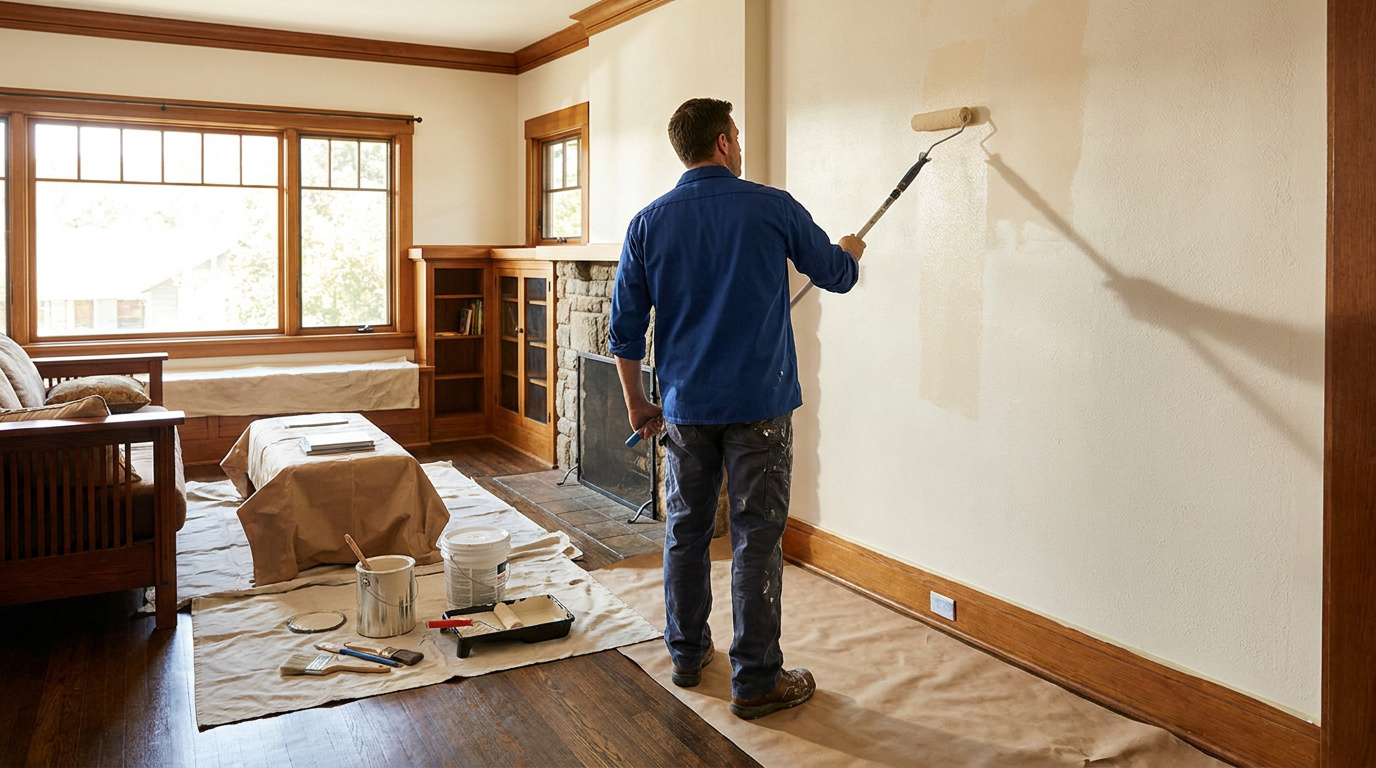 Professional painter carefully refreshing a warm Craftsman living room
