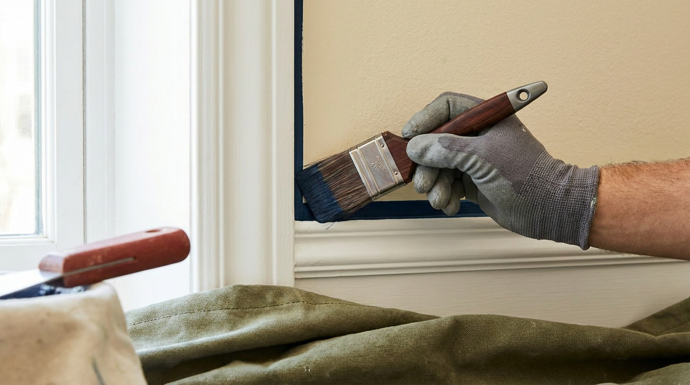 Close view of a painter creating a crisp navy trim finish