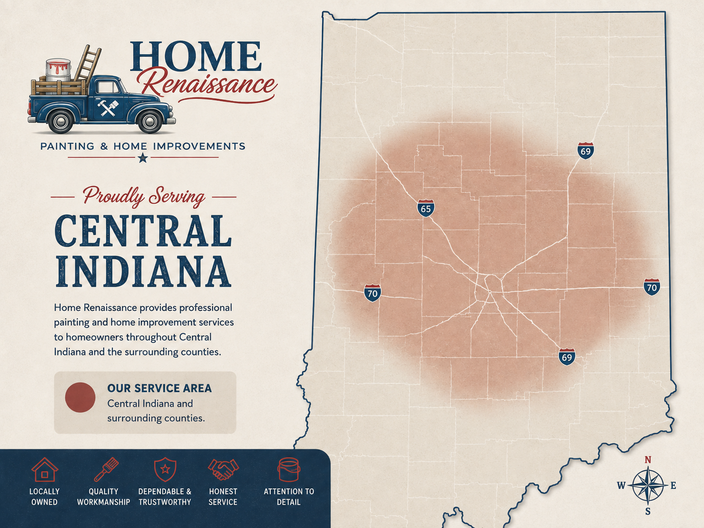 Home Renaissance service area map showing Central Indiana and surrounding counties